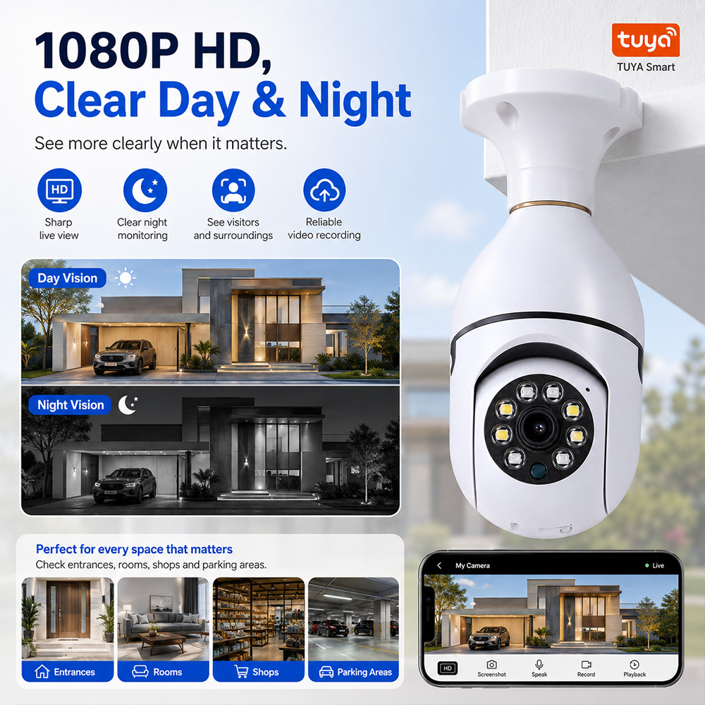 Outdoor Lighting Under Roof - Kamera Bohlam Tuya Wireless Light 2MP